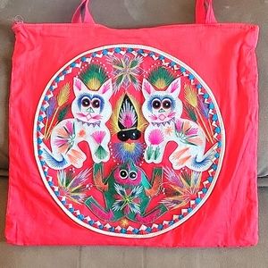 Embroidered Cats Frogs Insects Ethnic Zip Up Tote Bag Purse